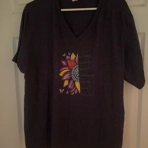 Gray V-Neck T-Shirt with Colorful Sunflower Design